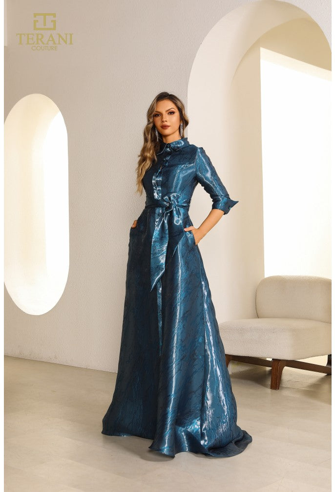 Terani Couture 251M4462 Shimmer A-Line Long Blue Dress